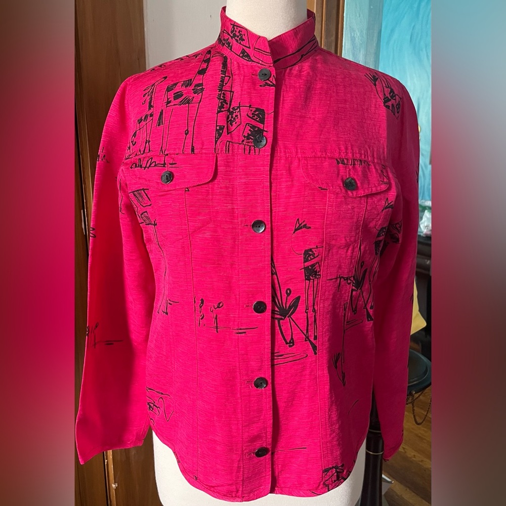 Chico's Fuchsia Silk blend Jacket with Giraffe Graphic Design